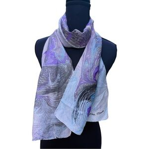 Cynthia Strader Silk Scarf 56x12 Hand Marbled Aqua Colors Signed Art to Wear